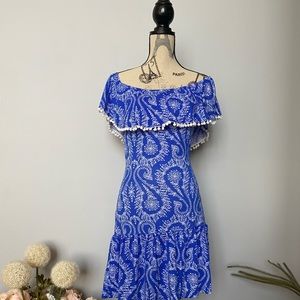 Venus Vibrant Blue Off The Shoulders Dress With Pom Poms